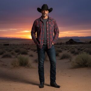 Men's vintage western Red Plaid Flannel Long Sleeve Casual Pearl Snap Shirt